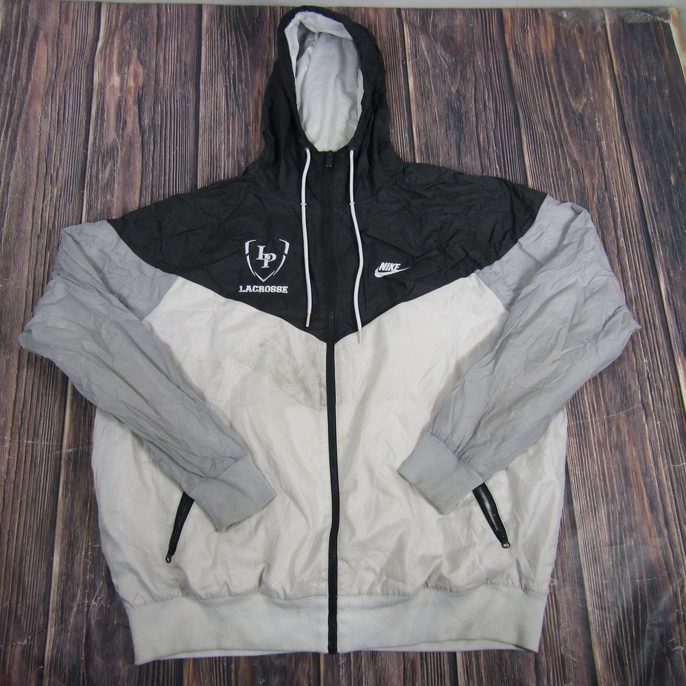 Nike Jacket Mens Large Black Gray White Windrunner Lacrosse Hooded Windbreaker